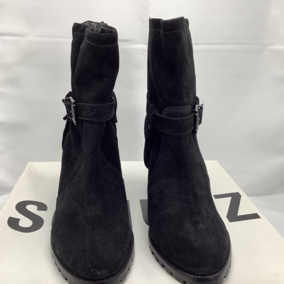 Nib Schulz Black Leather Suede Mid-Heel Lug Bootie Size 9B - Picture 6 of 10